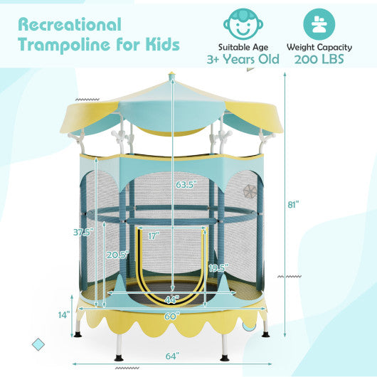 64 Inch Kids Trampoline with Detachable Canopy and Safety Enclosure Net-Yellow