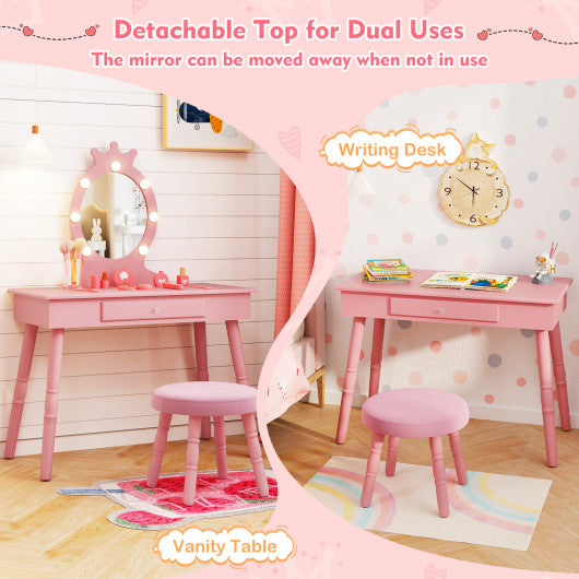 Kids Vanity Set with Lighted Mirror with Adjustable Brightness and Large Drawer-Pink