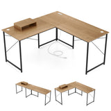 95 Inch 2-Person L-Shaped Long Reversible Computer Desk with Monitor Stand-Natural