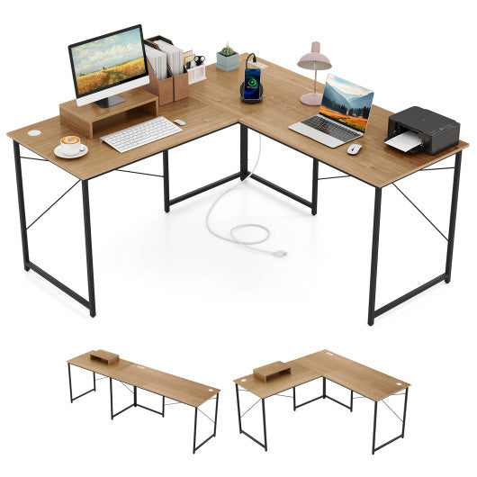 95 Inch 2-Person L-Shaped Long Reversible Computer Desk with Monitor Stand-Natural