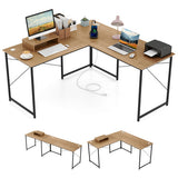 95 Inch 2-Person L-Shaped Long Reversible Computer Desk with Monitor Stand-Natural
