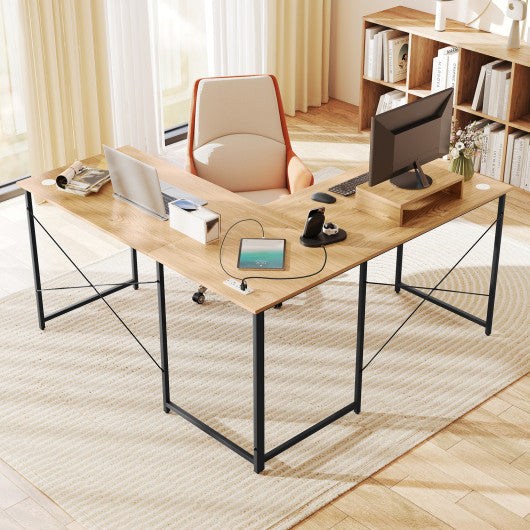 95 Inch 2-Person L-Shaped Long Reversible Computer Desk with Monitor Stand-Natural