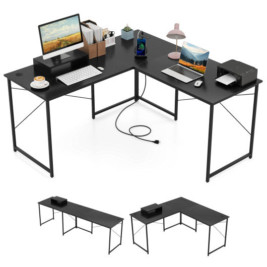 95 Inch 2-Person L-Shaped Long Reversible Computer Desk with Monitor Stand-Black