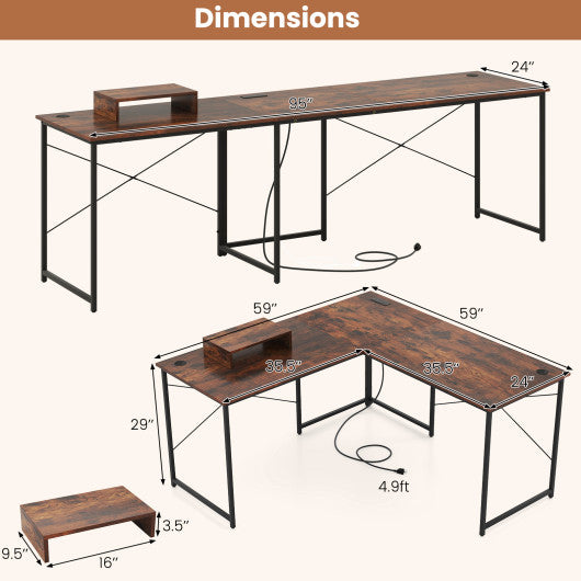 95 Inch 2-Person L-Shaped Long Reversible Computer Desk with Monitor Stand-Rustic Brown
