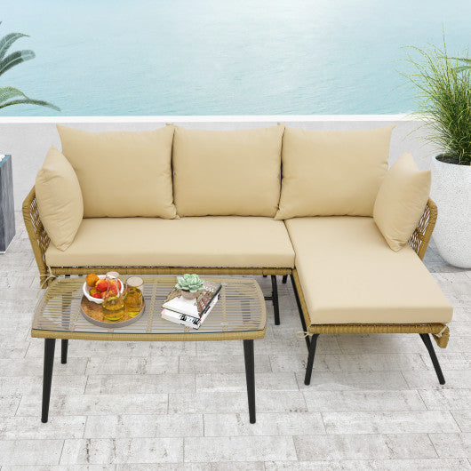 3 Pieces L-Shaped Patio Sofa with Cushions and Tempered Glass Table-Beige