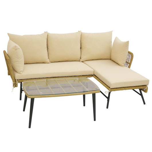 3 Pieces L-Shaped Patio Sofa with Cushions and Tempered Glass Table-Beige