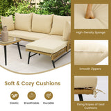 3 Pieces L-Shaped Patio Sofa with Cushions and Tempered Glass Table-Beige