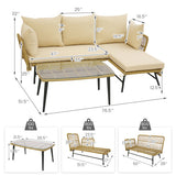 3 Pieces L-Shaped Patio Sofa with Cushions and Tempered Glass Table-Beige