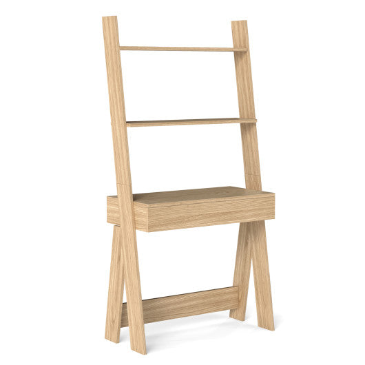 Ladder Shelf Desk Bookcase with Countertop  Drawer and 2 Shelves-Natural