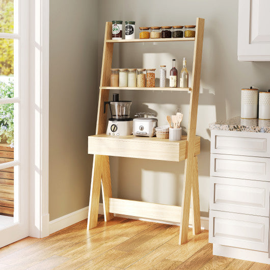 Ladder Shelf Desk Bookcase with Countertop  Drawer and 2 Shelves-Natural