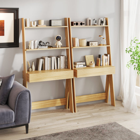 Ladder Shelf Desk Bookcase with Countertop  Drawer and 2 Shelves-Natural