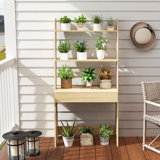 Ladder Shelf Desk Bookcase with Countertop  Drawer and 2 Shelves-Natural