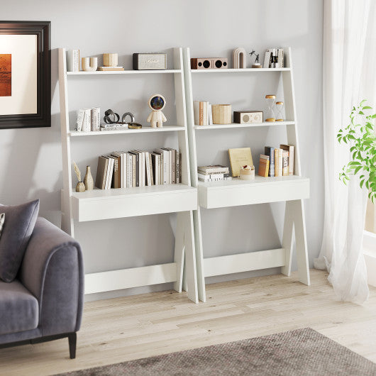 Ladder Shelf Desk with Countertop Drawer and Anti-Toppling Device-Oak