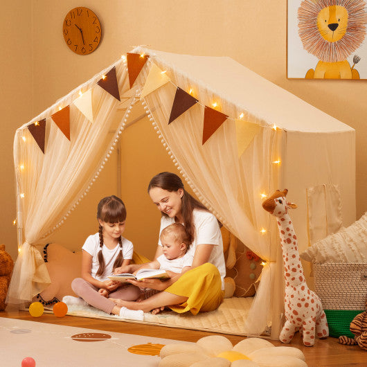 Large Toddler Playhouse Tent with Door Curtains Windows-Beige