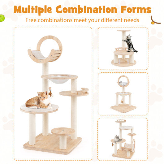 4-in-1 Large Wooden Cat Tower with Space Capsule Nest for Indoor Cats