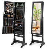Lockable Freestanding Jewelry Cabinet Armoire with Full-Length Mirror and Lights-Black
