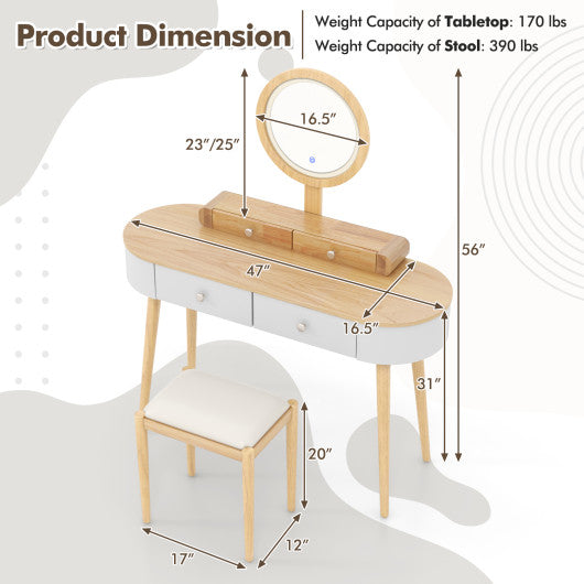 Makeup Vanity Table Set with LED Mirror and 3 Spacious Drawers-Natural