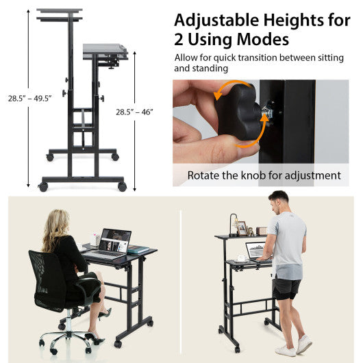Mobile Stand-up Computer Desk Adjustable with 2 Tilting Desktops-Black