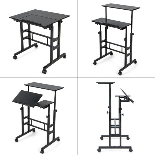 Mobile Stand-up Computer Desk Adjustable with 2 Tilting Desktops-Black