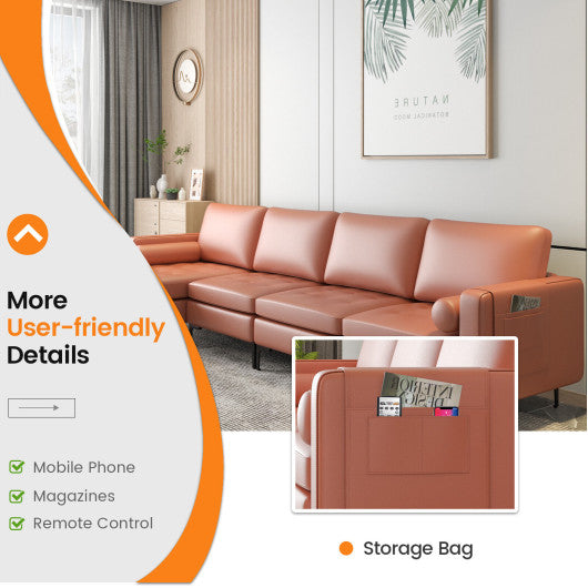 Modular L-shaped 4-Seat Sectional Sofa with Reversible Chaise and 2 USB Socket-Pink
