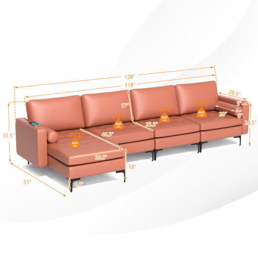 Modular L-shaped 4-Seat Sectional Sofa with Reversible Chaise and 2 USB Socket-Pink