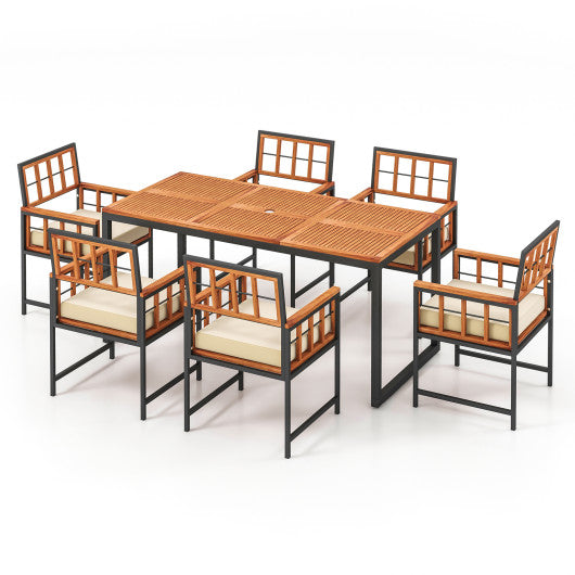 7 Pieces Patio Acacia Wood Dining Set with Soft Cushions and Umbrella Hole-Natural