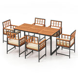 7 Pieces Patio Acacia Wood Dining Set with Soft Cushions and Umbrella Hole-Natural