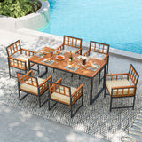 7 Pieces Patio Acacia Wood Dining Set with Soft Cushions and Umbrella Hole-Natural