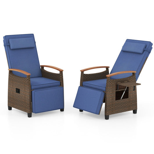 Patio Wicker Recliner Chair with Adjustable Backrest and Footrest-Navy