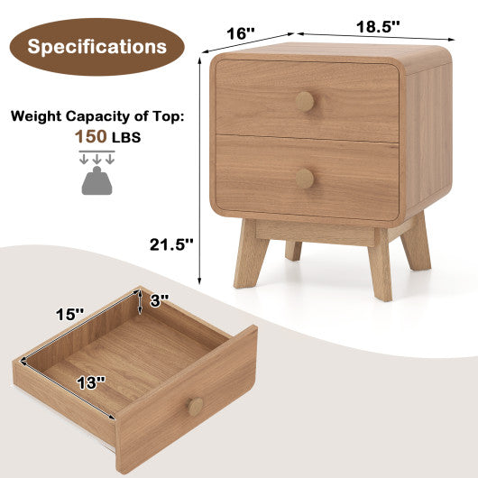 Nightstand with 2 Drawers Solid Rubber Wood Legs-Brown