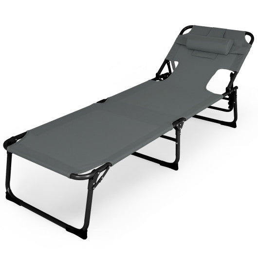 Folding Beach Lounge Chair with Pillow for Outdoor-Gray