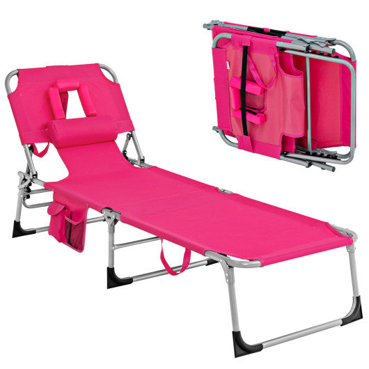 Folding Beach Lounge Chair with Pillow for Outdoor-Pink