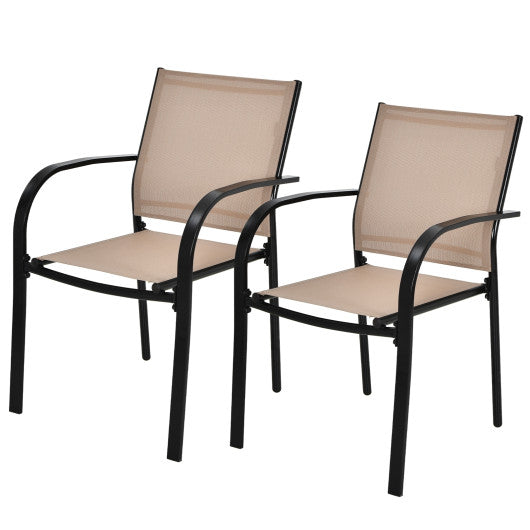 Set of 2 Patio Stackable Dining Chairs with Armrests Garden Deck-Brown