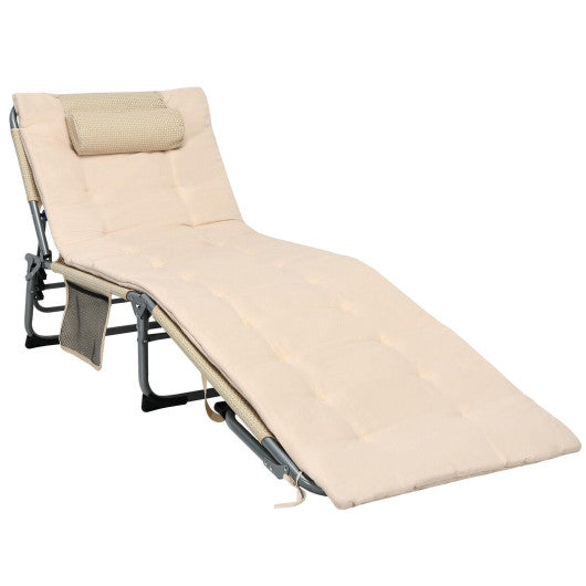 4-Fold Oversize Padded Folding Lounge Chair with Removable Soft Mattress-Beige