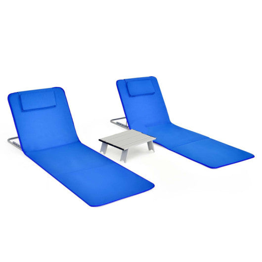 3 Pieces Beach Lounge Chair Mat Set 2 Adjustable Lounge Chairs with Table Stripe-Blue