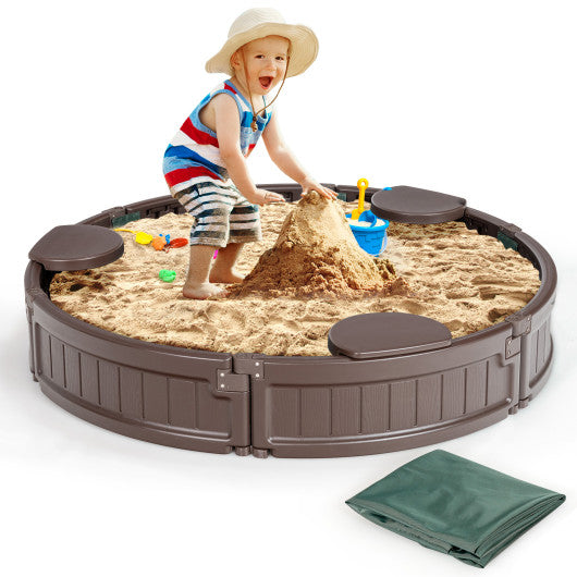 Sandbox with Built-in Corner Seat and Cover-Brown