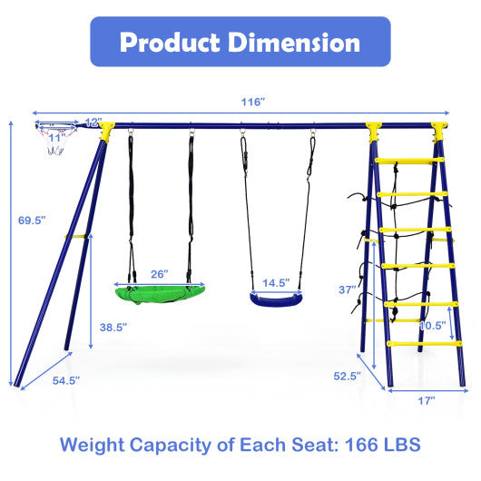 5-In-1 Outdoor Kids Swing Set with A-Shaped Metal Frame and Ground Stake