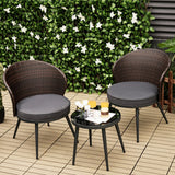 3 Pieces Patio Rattan Bistro Set with 2 Seat Cushions and Tempered Glass Tabletop-Brown