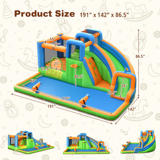 7-in-1 Inflatable Giant Water Park Bouncer with Dual Climbing Walls and 735W Blower