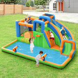 7-in-1 Inflatable Giant Water Park Bouncer with Dual Climbing Walls and 735W Blower