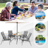 6 Pieces Patio Dining Set with Umbrella and Stackable Cushioned Chairs