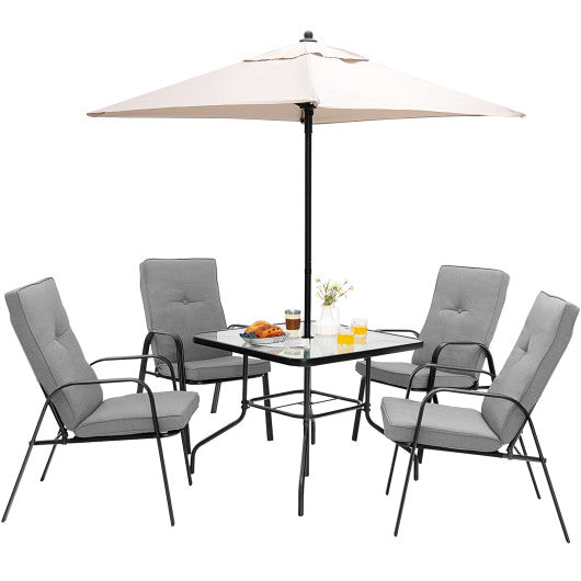 6 Pieces Patio Dining Set with Umbrella and Stackable Cushioned Chairs