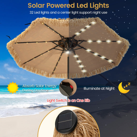 9 Feet Solar Powered Thatched Tiki Patio Umbrella with Led Lights.