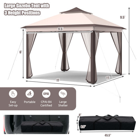 2-Tier Pop-Up Gazebo Tent Portable Canopy Shelter Carry Bag Mesh-Beige