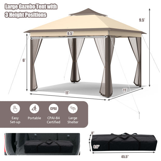 2-Tier Pop-Up Gazebo Tent Portable Canopy Shelter Carry Bag Mesh-Brown