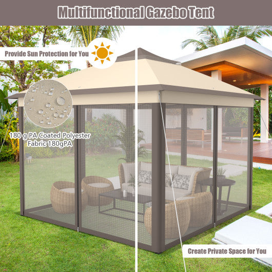 2-Tier Pop-Up Gazebo Tent Portable Canopy Shelter Carry Bag Mesh-Brown