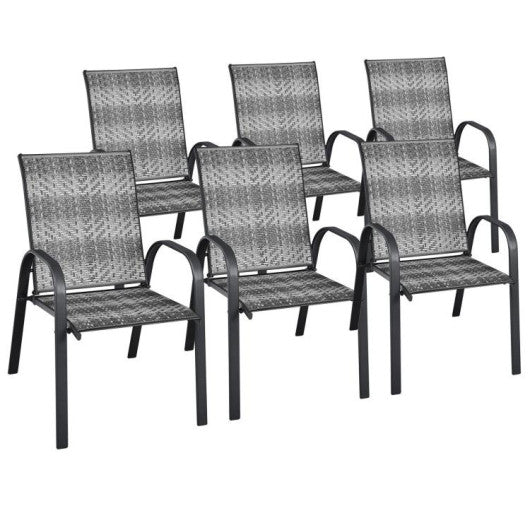 Set of 6 Outdoor PE Wicker Stackable Chairs with Sturdy Steel Frame-Gray