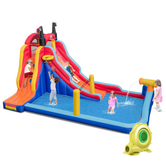 5-in-1 Inflatable Bounce House with 2 Water Slides and Large Splash Pool With 950W Blower