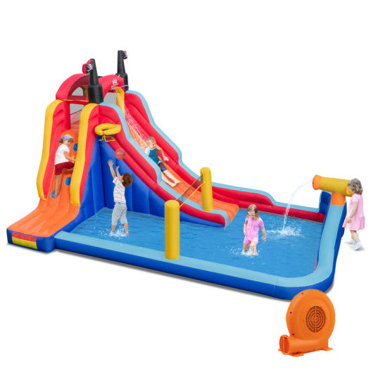 5-in-1 Inflatable Bounce House with 2 Water Slides and Large Splash Pool With 680W Blower