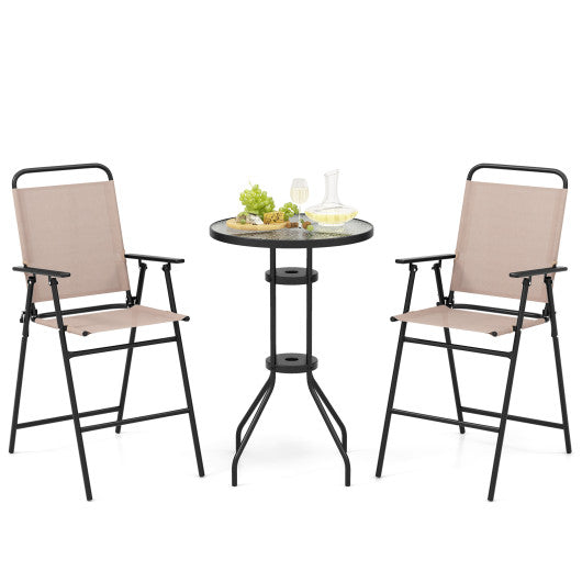 3 Pieces Outdoor Bistro Set with 2 Folding Chairs-Beige